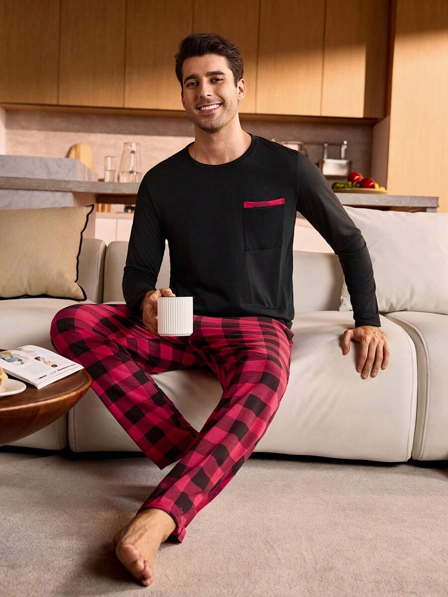 Manfinity Underwear&Sleepwear Basics 男士格子印花拼接口袋长袖上衣和宽松长裤睡衣套装，秋冬服装，圣诞节 - 黑色 - 查看 1
