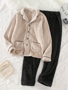 青少年男童保暖内衬开衫上衣和抓绒裤家居服套装，米色和灰色青少年男童抓绒服装套装 - 彩色 - 查看 6