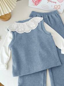 Genkimix Kids 3 件套 Genkimix 女童荷叶边领纯色上衣 + 碎花领装饰休闲纽扣背心 + 纯色直筒裤 - 藍色 - 查看 2