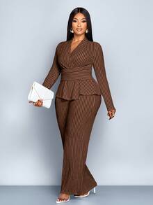 SOLERSUN 大码女装秋冬优雅条纹V领长袖T恤和阔腿裤两件套，不对称下摆两件套，休闲日常穿着，女装冬装女装秋装，包裹性，扭纹，腰带，黑白条纹提花纹理面料，日常穿着，通勤，购物 - 咖啡棕 - 查看 8