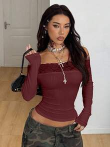 Coolane 女式春季巫术哥特音乐节十字图案蕾丝拼布露肩上衣，X 神秘之心 - 紅色 - 查看 3