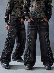 ROMWE MEN Street Life 男士休闲做旧猫须贴袋牛仔裤，秋季 - 黑色 - 查看 9