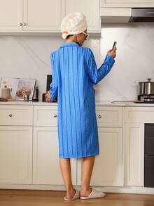 SHEIN Blue Striped Minimalist Collared Long Nightgown, Button Down Pajama Dress, Winter - Blue - View 3