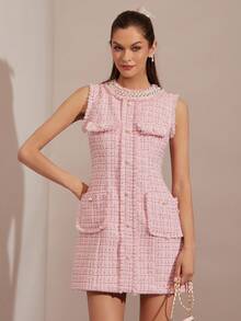 Enchnt 这款浪漫的粉色碎花粗花呢连衣裙，饰有流苏、格纹细节以及精致的珍珠和水钻，是一款无袖的可爱公主迷你裙，非常适合秋冬季节穿着。时尚优雅，适合派对、约会、节日、毕业典礼、办公场合、郊游、万圣节、圣诞节等各种场合。也适合作为秋季女装、秋季套装、秋季套装、嘉年华和新年装扮。 - 藍色 - 查看 3