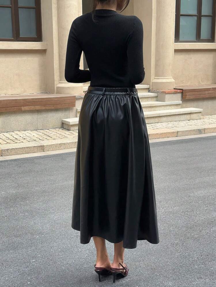 SHEIN EZwear Falda de piel sintética de unicolor minimalista para uso diario de mujer - Negro - Añade 4