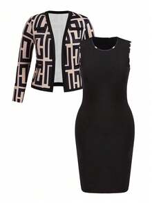EMERY ROSE Plus Size Women Color Block Sleeveless Dress & Long Sleeve Cardigan Knitted Casual Set, Spring/Autumn - Black - View 1