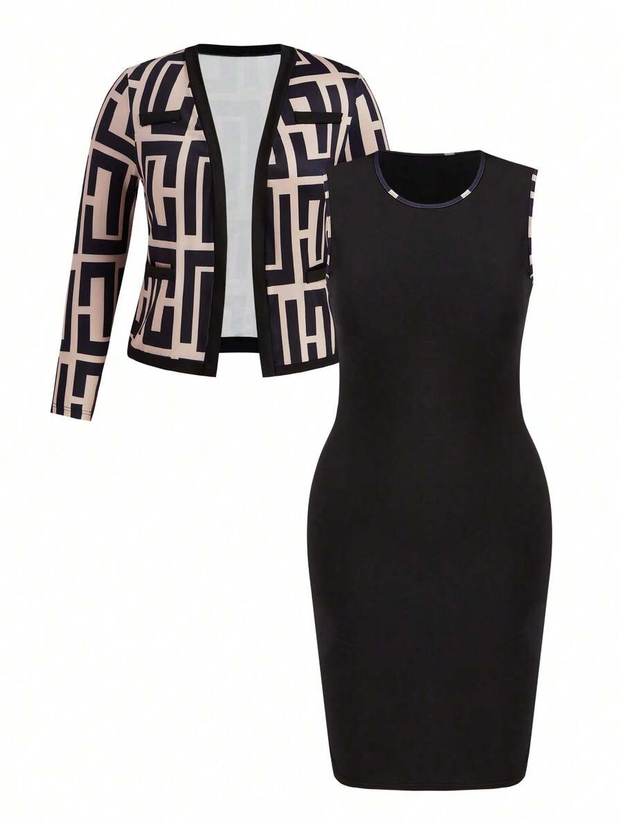 EMERY ROSE Plus Size Women Color Block Sleeveless Dress & Long Sleeve Cardigan Knitted Casual Set, Spring/Autumn - Black - View 1