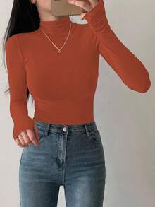 DAZY Women's Turtleneck Long Sleeve Base Layer T-Shirt, Black, Spring/Summer/Autumn - Rose Red - View 4