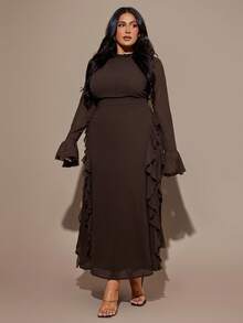 SHEIN BAE 大码女式棕色长袖雪纺荷叶边喇叭袖长裙 - 棕色 - 查看 2