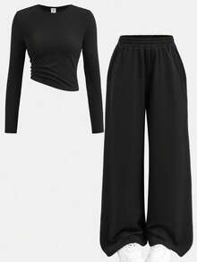 Girlism Teen Girls T-Shirt Co-Ords Solid Color Crew Neck Long Sleeve Snug Fit T-Shirt And Sweatpants Set - Black - View 4