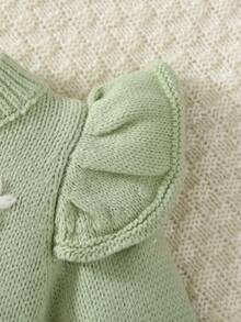 SHEIN Baby Girls Floral Embroidered Knit Romper, Long Sleeve Sweater Jumpsuit With Ruffled Cuffs, Comfortable For Autumn/Winter, Suitable For Everyday Wear, Outings, Travel, Newborns, And Daycare - Green - View 5