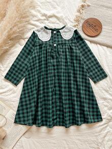 Vintaside Kids 女童格子连衣裙田园风优雅淑女长袖棉麻面料适合春秋过渡季节 - 綠色 - 查看 2
