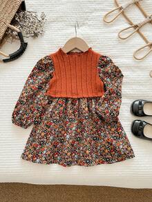 SHEIN Babygirl 优雅卡其色碎花长袖连衣裙 - 彩色 - 查看 6