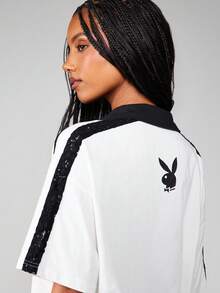 Missguided x Playboy Oversized Collared Cotton Tee With Contrast Trim And Athletic Number Print For Casual Weekend - Black - View 4