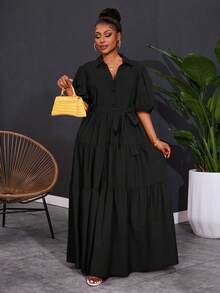 SHEIN CURVE+ 2025 大码女式纯色短袖春季 A 字形褶皱拼接长裙，曲线加大，波西米亚度假大码黑色连衣裙大码孕妇装黑色孕妇装孕妇装 - 黑色 - 查看 6