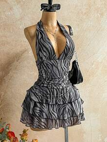 Soleia 复古扎染斑马纹V领系带网眼褶饰浪漫假日连衣裙/迷你连衣裙，适合秋冬女士 - 彩色 - 查看 3