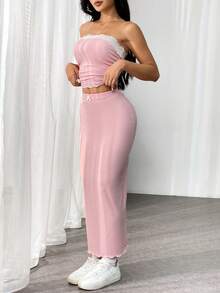 Flirla 女性時尚蝴蝶結和蕾絲裝飾的無肩帶上衣和裙子套裝 - 粉色 - 查看 5