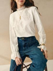 Cévolie 优雅的白色蕾丝领喇叭袖衬衫