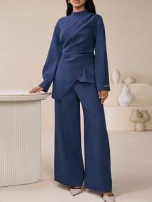 Veilorie 2pcs Women's Arabic Style Outfit (Long Sleeve Top And Wide Leg Pants Set) - Dusty Blue - View 5