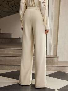 ZEYLAH 女士优雅直筒串珠裤，秋冬 - 杏色 - 查看 3