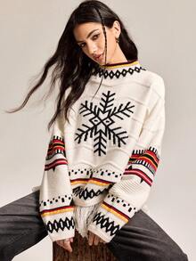 Easelle 女式雪花几何图案立领落肩长袖流苏下摆宽松毛衣，秋冬 - 彩色 - 查看 3