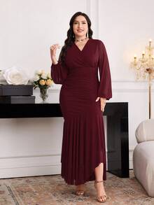 Modelyn Vestido elegante con cuello superpuesto, mangas farol y dobladillo con volantes, talla grande, otoño - Burdeos - Ver 5