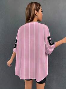 SHEIN EZwear 女士休闲简约比赛日球衣宽松前开短袖衬衫夹克，适合夏季 - 彩色 - 查看 2