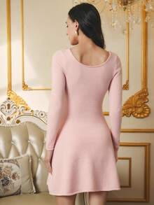 Omancia Vestido de malha com lantejoulas elegantes, gola quadrada, laço, presente de Natal, Ano Novo e Ação de Graças, vestido de festa