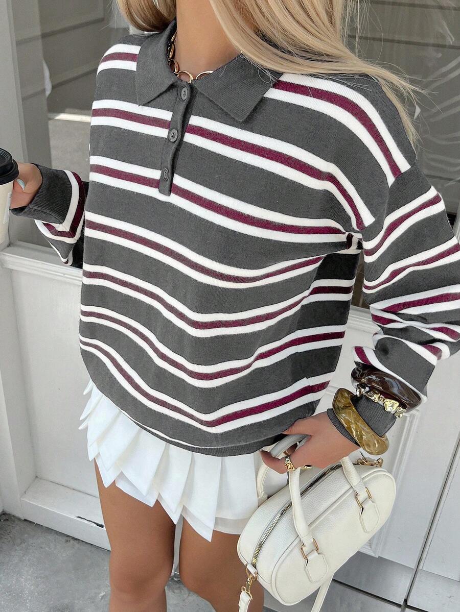 Livesso 女式秋季复古条纹高领毛衣 - 深灰色 - 查看 1