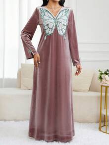 Al Najma 女式优雅亮片蝴蝶图案长袖连衣裙，秋季 - 淺灰紫 - 查看 3