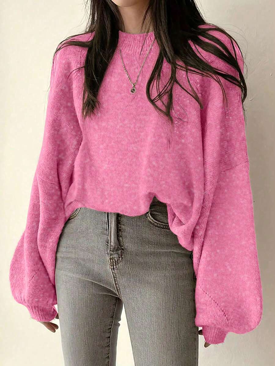 Chiquease Casual French Style Loose Fit Crew Neck Long Sleeve Knit Sweater, Versatile For Autumn/Winter - Hot Pink - View 1
