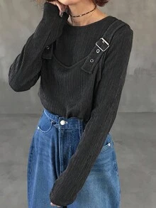 FRIFUL Áo thun nữ tay dài dáng rộng 2 trong 1 có dây đeo điều chỉnh họa tiết dọc thời trang dạo phố - Xám - Xem 4