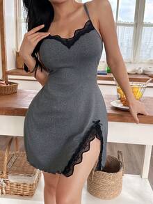 SHEIN Women's Spaghetti Strap Sleeveless Contrast Lace Slit Camisole Nightgown