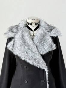 Sunspun Plus Size Women Overcoat With Faux Fur Collar And Double-Breasted Button Closure