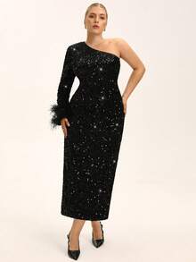 Aveloria Rosie Plus Size Women's Autumn/Winter New Arrival, Heavily Embellished Sequin One Shoulder Long Sleeve Asymmetric Design, French Luxury Elegant High Waist Fitted Slimming Long Dress, Double Layer Feather Cuff Decoration, Sophisticated Little Black Dress Versatile High-End, Suitable For Formal Occasions, Weddings, Parties