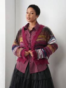 Slaydiva Veslaya 2025 Preppy Stil Neue V-Ausschnitt Burgunder gestreifte Farbblock Distressed Langarm Große Größen Strickjacke, geeignet für Herbst Winter, Basic, Lässig, Party, Straße, Musikfestival, Flughafen Karamell Kern - Verschiedenfarbig - Übersicht 10