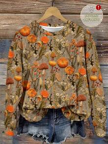 SHEIN LUNE Lässiger, minimalistischer, locker sitzender Langarm-Sweatshirt mit gedrucktem Muster für Damen, geeignet für Herbst/Winter, Retro-Muster, Pilz-Muster, Blume Muster - Verschiedenfarbig - Übersicht 1