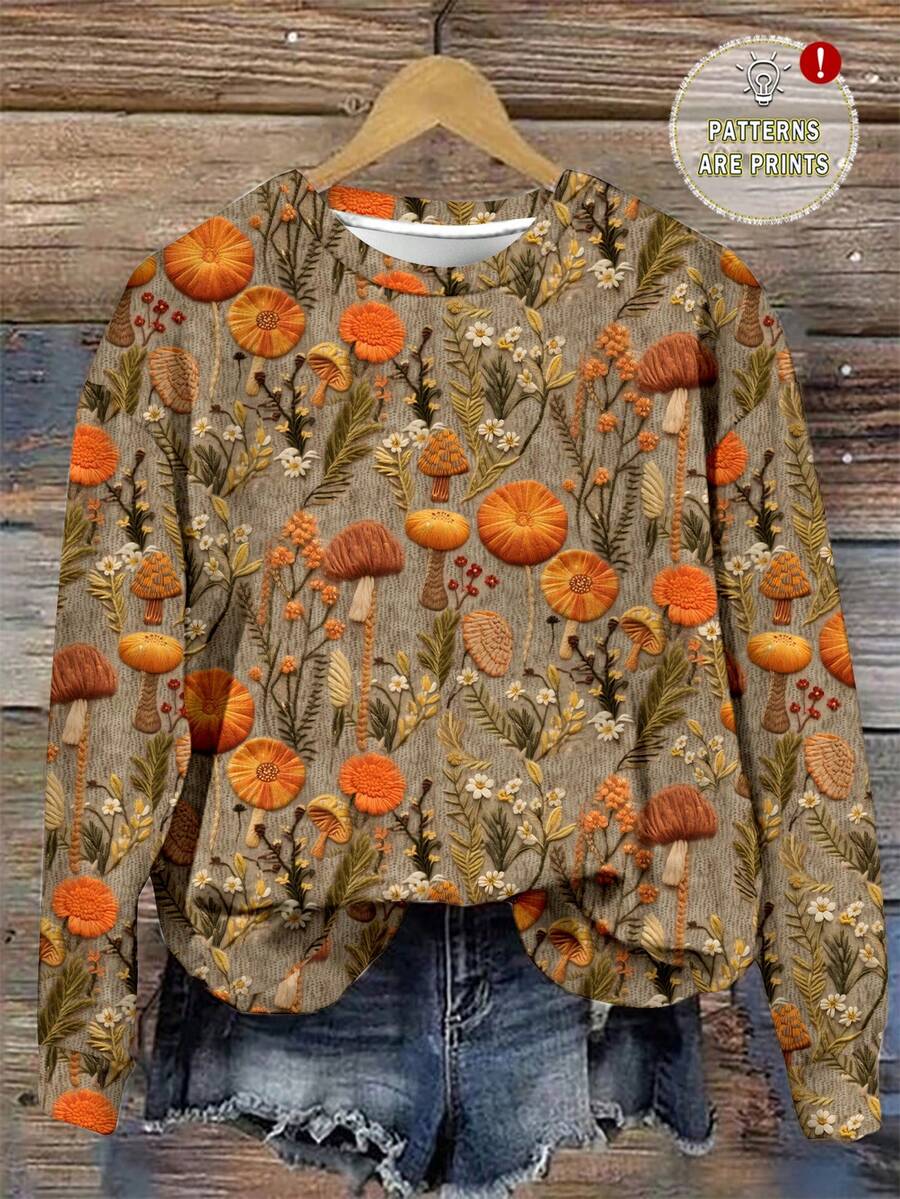 SHEIN LUNE Lässiger, minimalistischer, locker sitzender Langarm-Sweatshirt mit gedrucktem Muster für Damen, geeignet für Herbst/Winter, Retro-Muster, Pilz-Muster, Blume Muster - Verschiedenfarbig - Übersicht 1