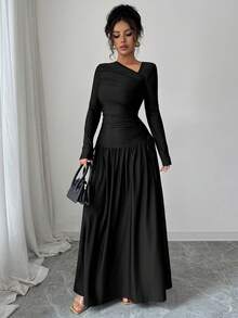 Elenzga 新款女士斜领长袖褶皱蝴蝶结设计A字收腰显瘦度假休闲优雅长裙，春秋季 - 黑色 - 查看 6