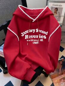 Resyla Plus Size Women Autumn/Winter Letter Print Drawstring Hooded Sweatshirt With Floral Trim - Red - View 1