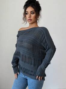 Rafferiza Women's Elegant Gray Autumn Chic Slouchy Slant Collar Asymmetrical Shoulder Knitted Batwing Sleeve Pullover Sweater, Night Out Casual Business Office Top - Navy Blue - View 5