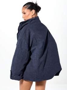 SUMWON WOMEN Áo khoác bomber da lộn cỡ lớn có túi ngực và khóa kéo cho phong cách layering mùa thu đông - Màu xanh lam - Xem 2