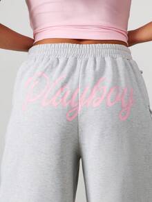 Missguided x Playboy 系带侧边细节阔腿运动裤，休闲舒适，兔子标志 - 灰色 - 查看 6