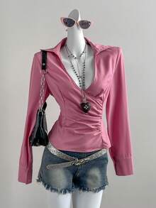 SHEIN Unity Women's Solid Color Casual Commuter Shirt, Early Autumn - Pink - View 2