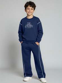 JNSQ 2pcs/Set Tween Boy Back To School Outfit, Casual Loose Fit Crew Neck Graphic Print Long Sleeve Sweatshirt Top And Relaxed Straight Leg Sweatpants Bottoms, Suitable For Autumn, Winter Daily Wear, Outdoor Activities, Vacation - Blue - View 1