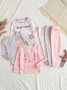 6pcs/Set Baby Girls' Soft & Comfortable Pajama Set, Pink Polka Dot Rabbit Embroidery, Rabbit Ear Decor, Playful & Cute Rabbit Print Home Outfit - Multicolor - View 9