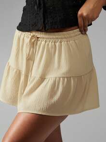 MISSGUIDED 分层亚麻迷你裙，腰部有抽绳，适合夏季海滩度假休闲装 - 奶油色 - 查看 3