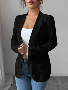 SHEIN PETITE 女式休闲罗纹羊毛开前侧口袋短款轻便夹克 - 黑色 - 查看 5