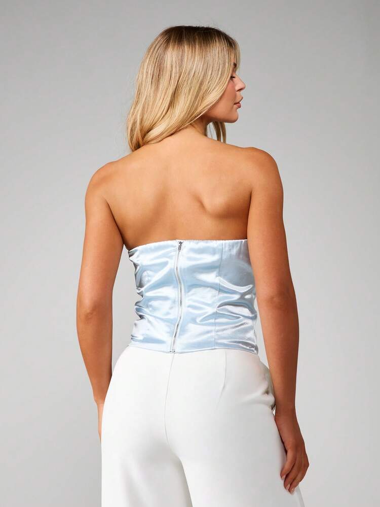 MISSGUIDED 특별한 날과 이브닝 웨어를 위한 구조화된 뼈대가 있는 스트랩리스 새틴 코르셋 뷔스티에 탑