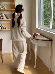 2 件套青少年女孩毛绒双面睡衣，可爱甜美印花和刺绣，舒适长袖上衣和裤子家居服套装，秋冬